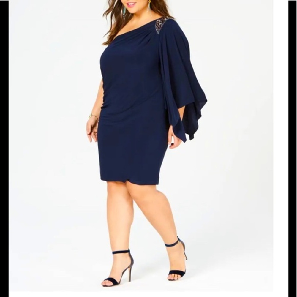 Women’s Formal Dress MORGAN CO Navy Asymmetrical Neckline One Shoulder Cocktail